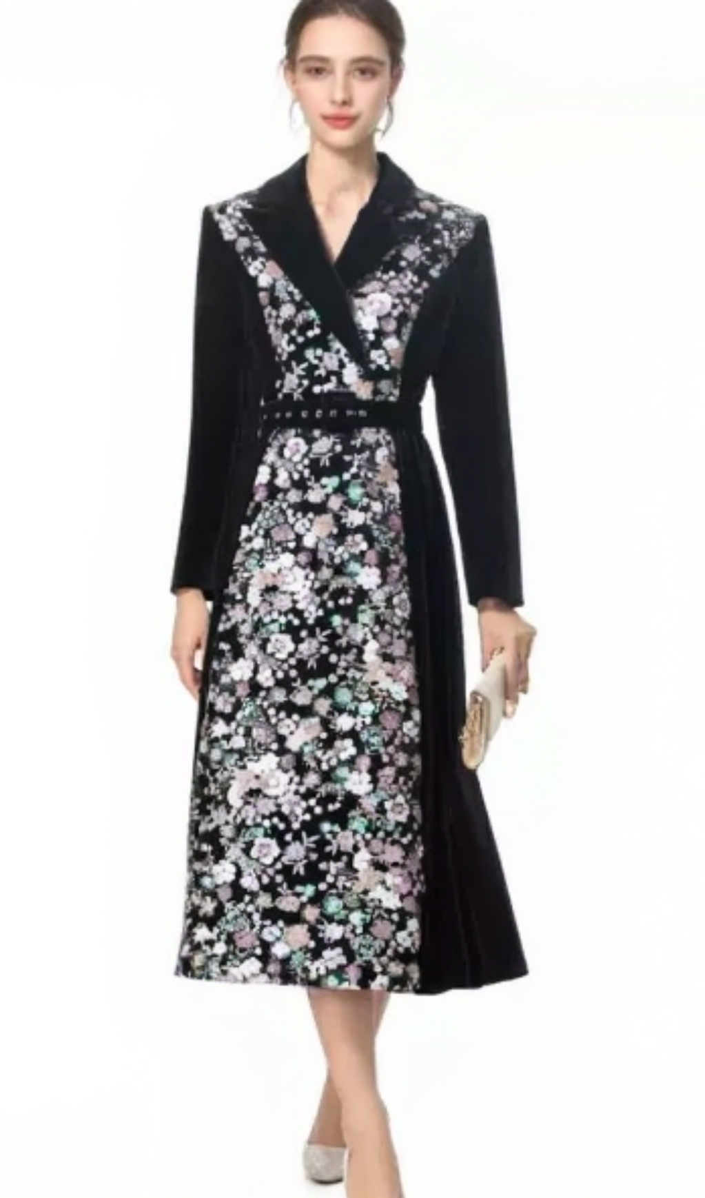 SEQUIN EMBROIDERED VELVET MIDI DRESS IN BLACK