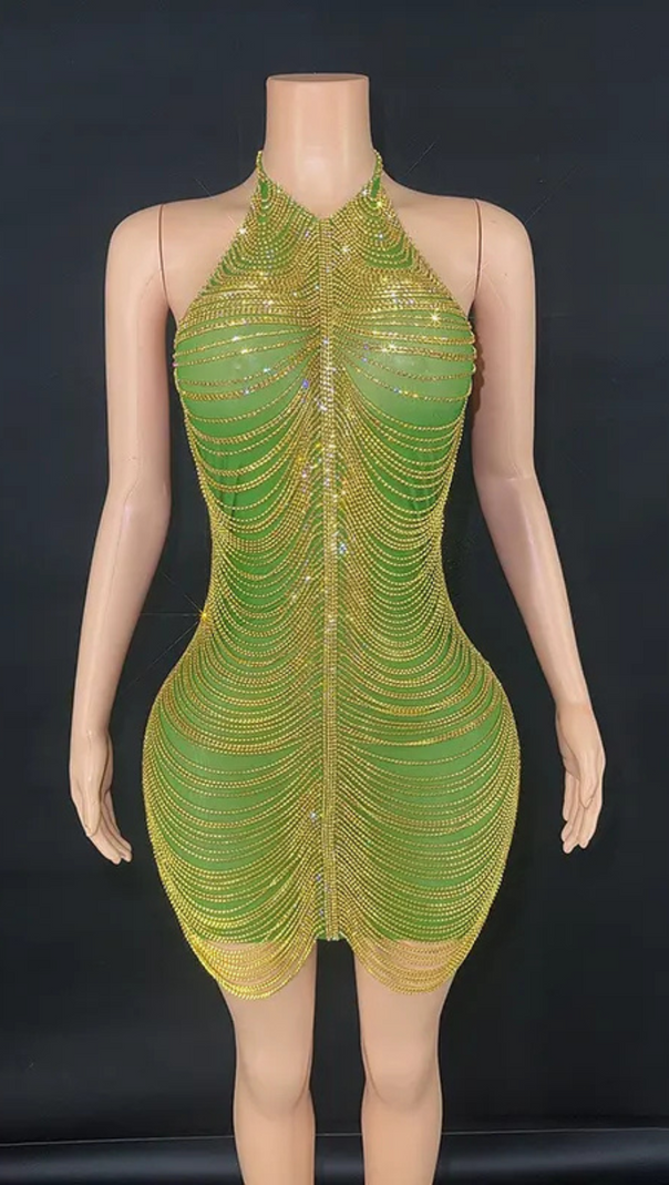 AIIZIE HALTERNECK DIAMOND CHAIN MESH MINI DRESS IN GREEN - product image