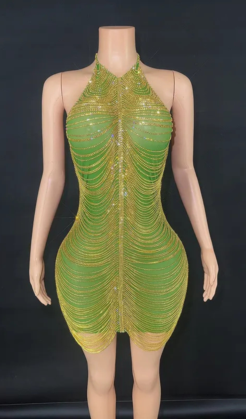 HALTERNECK DIAMOND CHAIN MESH MINI DRESS IN GREEN