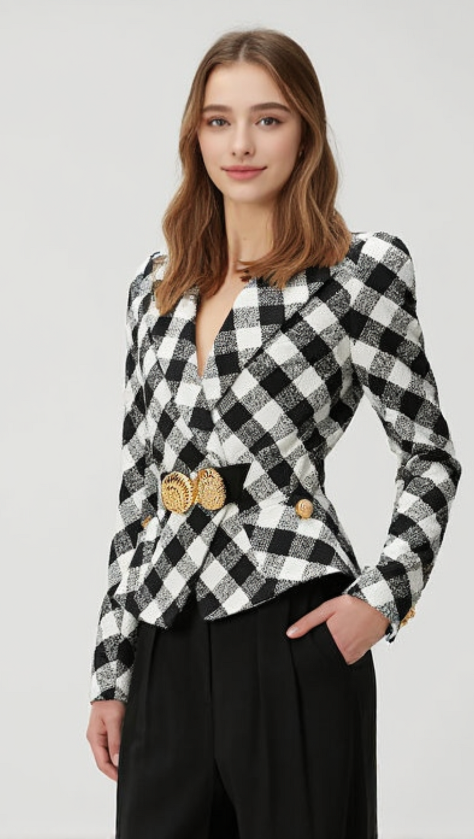 Gingham-Tweedjacke mit Gürtel und zwei Schneckenknöpfen