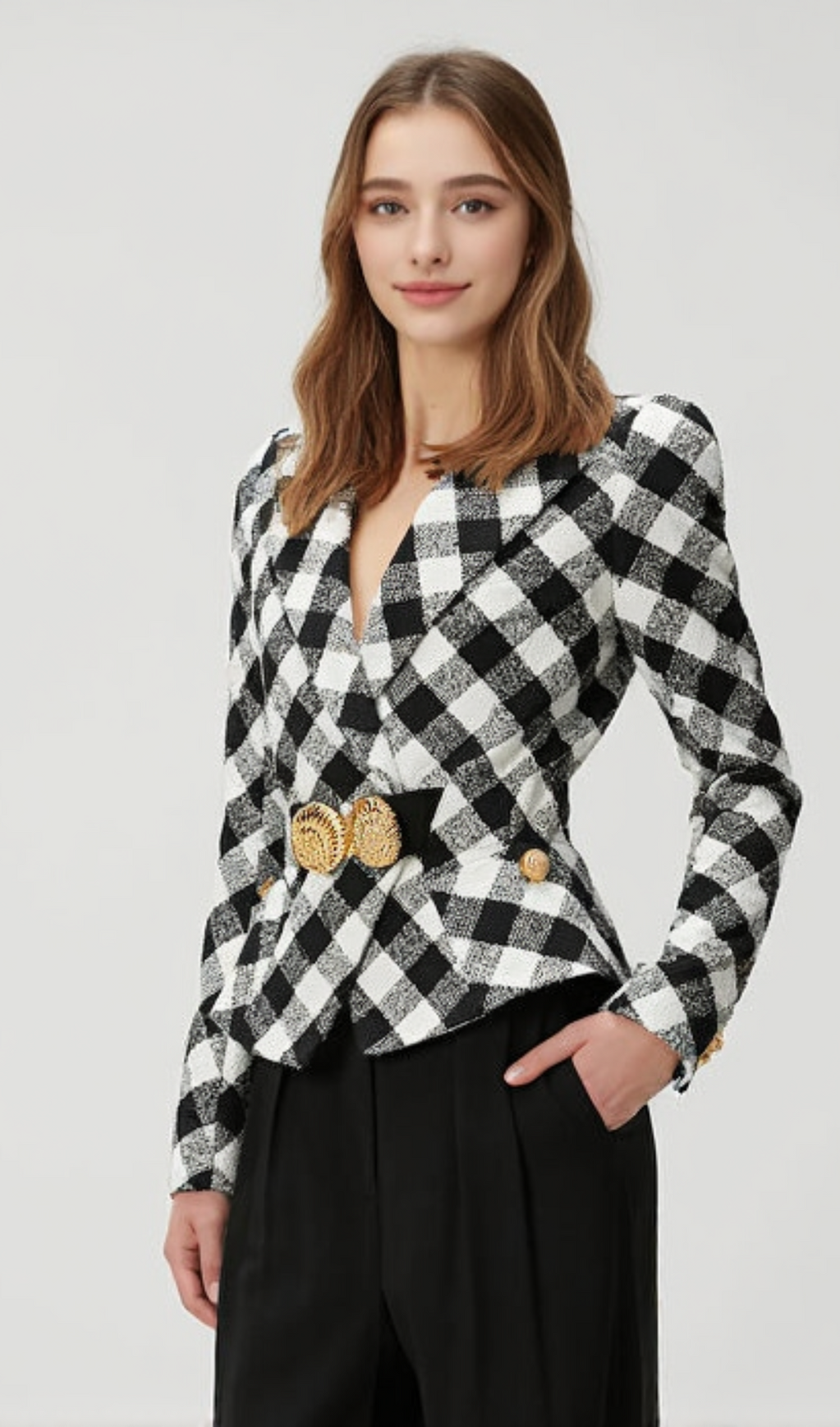 Gingham-Tweedjacke mit Gürtel und zwei Schneckenknöpfen