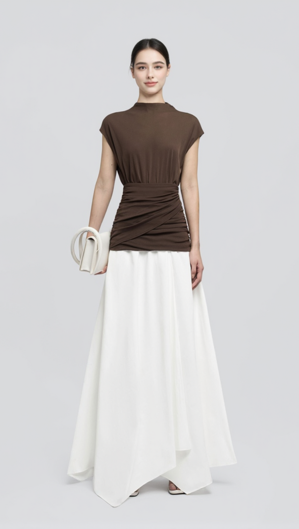 AIIZIE BROWN WAIST CROSS PLEATS MIDI DRESS WITH ASYMMETRIC HEMLINE - product image