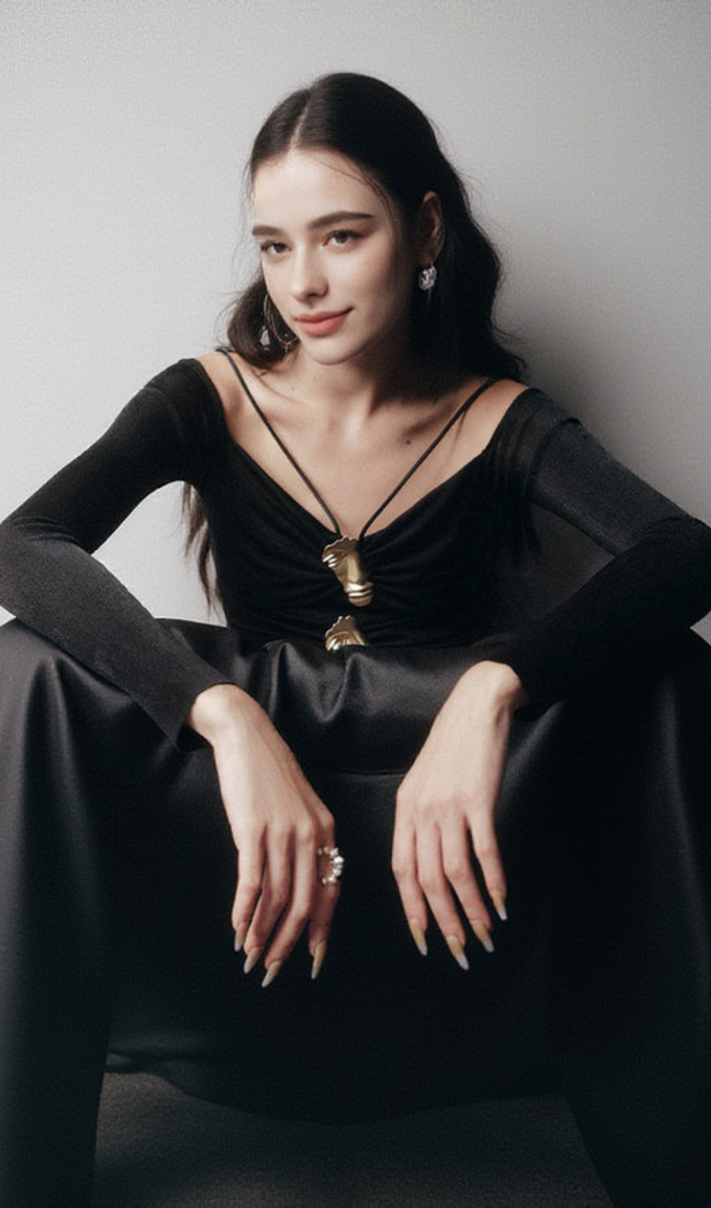 BLACK A-LINE COLD SHOULDER SLEEVED SPANDEX TAFFETA MAXI DRESS