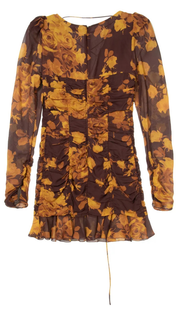 AIIZIE FLORAL PRINT HOLLOW TULLE MINI DRESS IN BROWN - product image