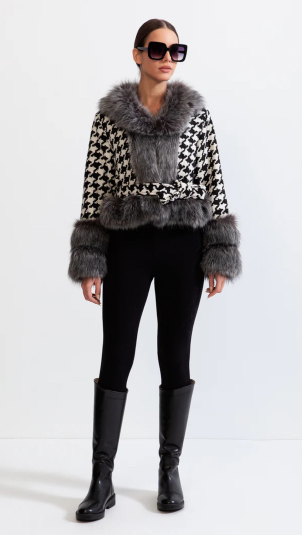 AIIZIE HOUNDSTOOTH WOOL BELTED COAT WITH FUR - product image