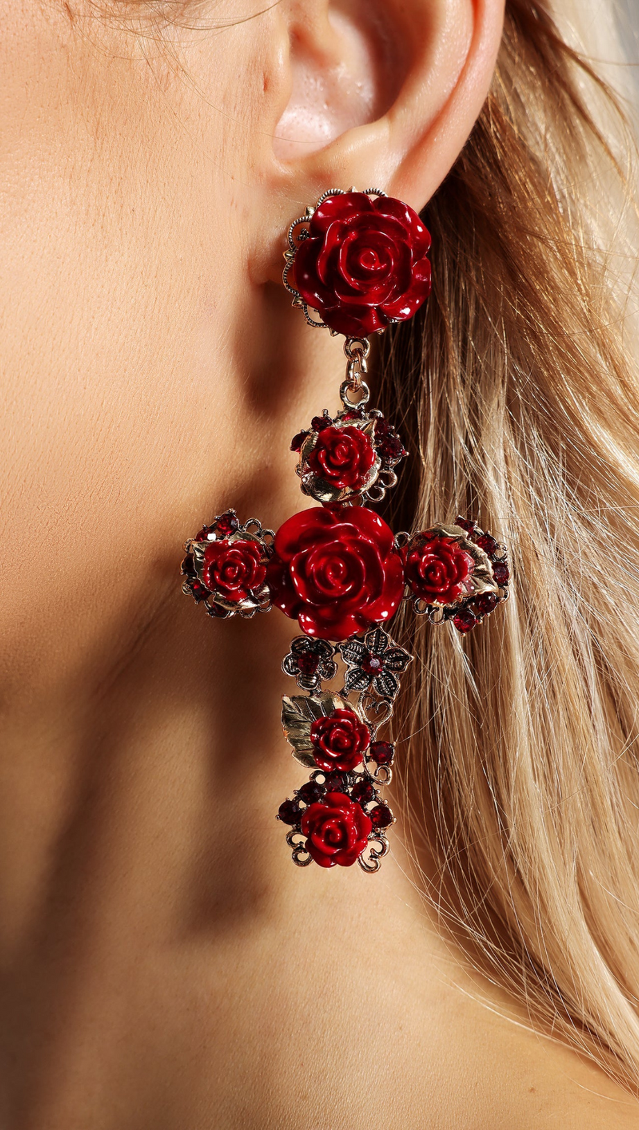 MARY FLOWER CROSS EARRINGS