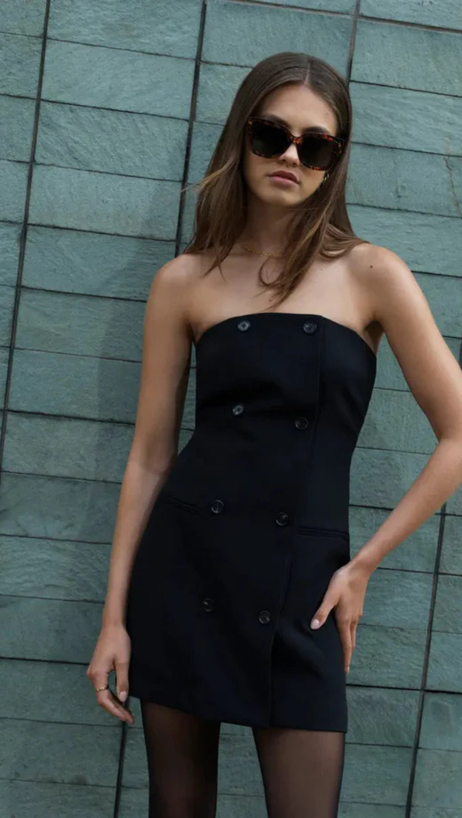 DOUBLE BREASTED STRAPLESS TWILL MINI DRESS IN BLACK