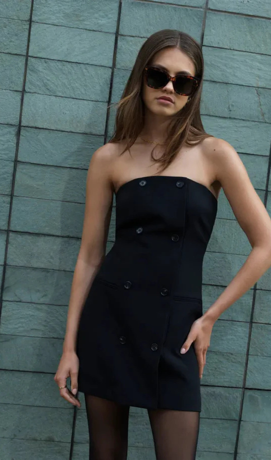 Zweireihiges trägerloses Twill-Minikleid in Schwarz