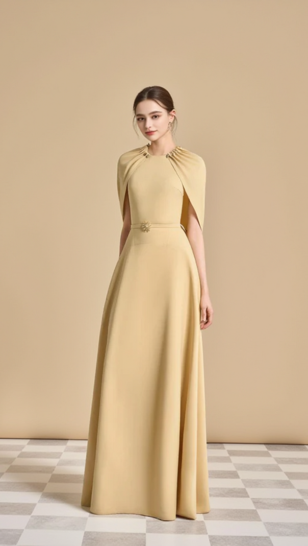 AIIZIE JASMINE A-LINE CAPE SLEEVED MAXI DRESS IN YELLOW BEIGE - product image