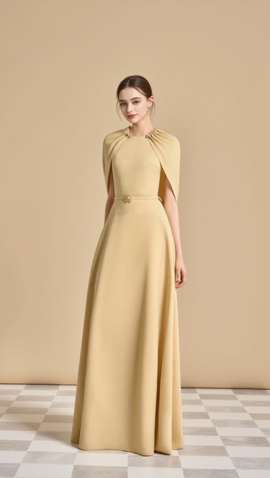 JASMINE A-LINE CAPE SLEEVED MAXI DRESS IN YELLOW BEIGE
