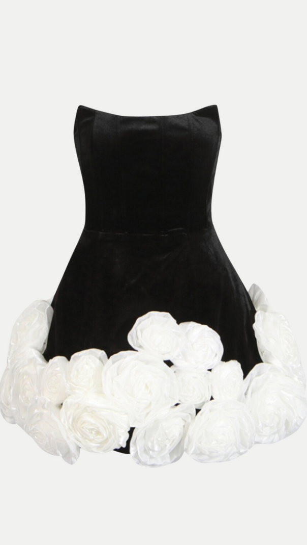 AIIZIE SEBAST FLOWER STRAPLESS VELVET MINI DRESS IN BLACK - product image