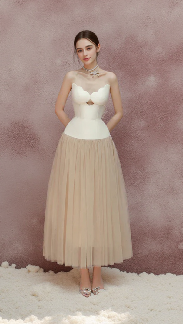 AIIZIE TWO-TONE HOLLOW TUBE TOP TULLE MIDI DRESS - product image
