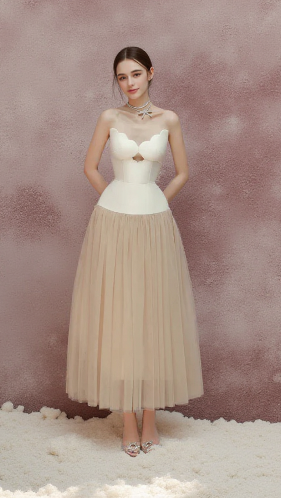 TWO-TONE HOLLOW TUBE TOP TULLE MIDI DRESS