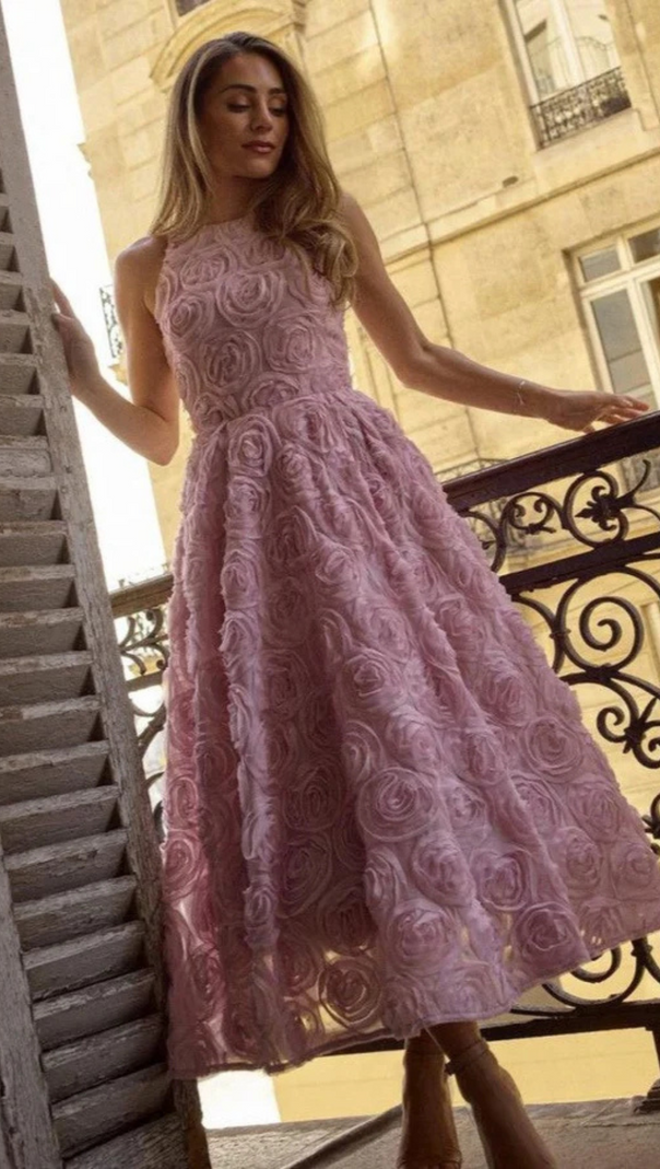 AIIZIE ROSETTE TULLE SATIN WOVEN BELT MIDI DRESS IN PINK - product image
