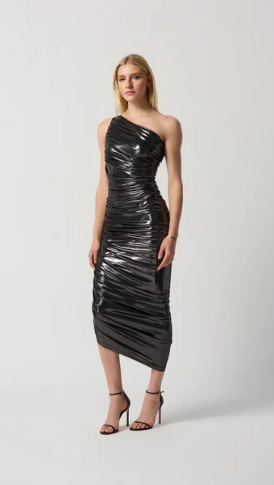 ONE-SHOULDER LAMÉ MIDI DRESS