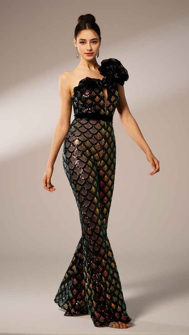 AIIZIE MERMAID SCALE FLORAL ONE-SHOULDER SEQUIN JUMPSUIT - product image