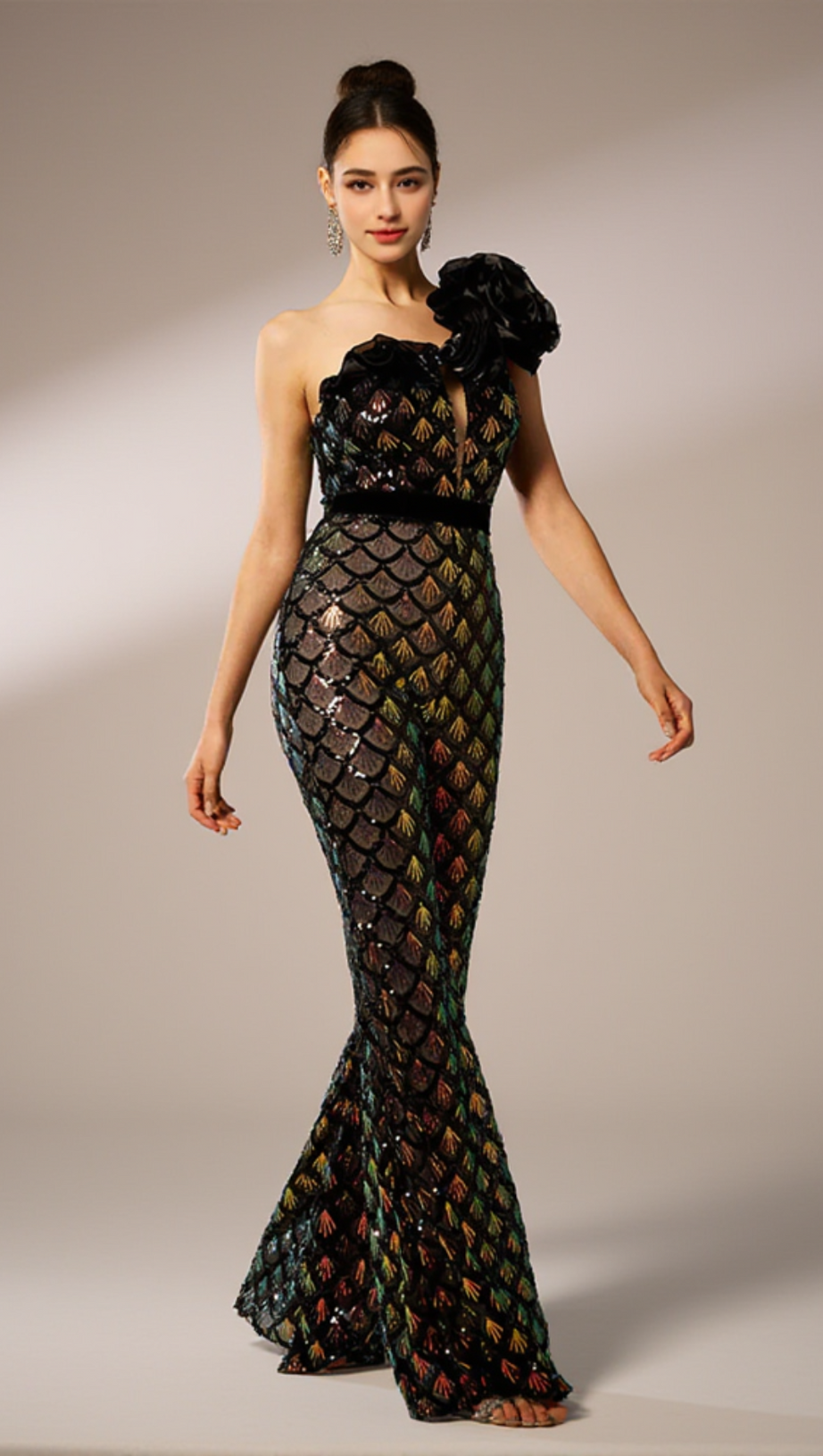 MERMAID SCALE FLORAL ONE-SHOULDER SEQUIN JUMPSUIT