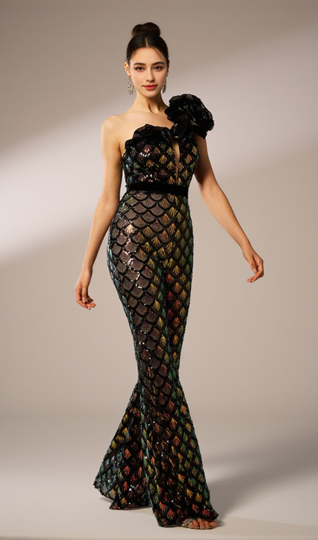 MERMAID SCALE FLORAL ONE-SHOULDER SEQUIN JUMPSUIT