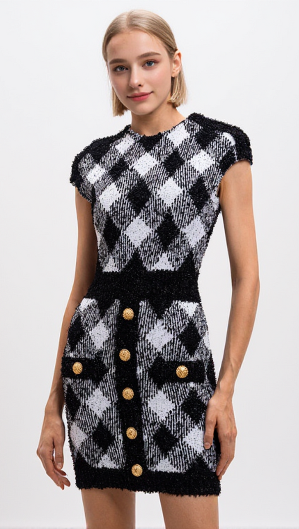 AIIZIE BUTTON-EMBELLISHED PLAID TEXTURE MINI DRESS - product image