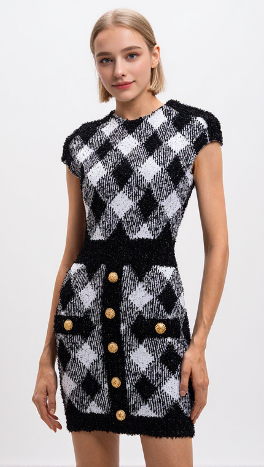 Minikleid mit karierter Struktur und Knöpfen