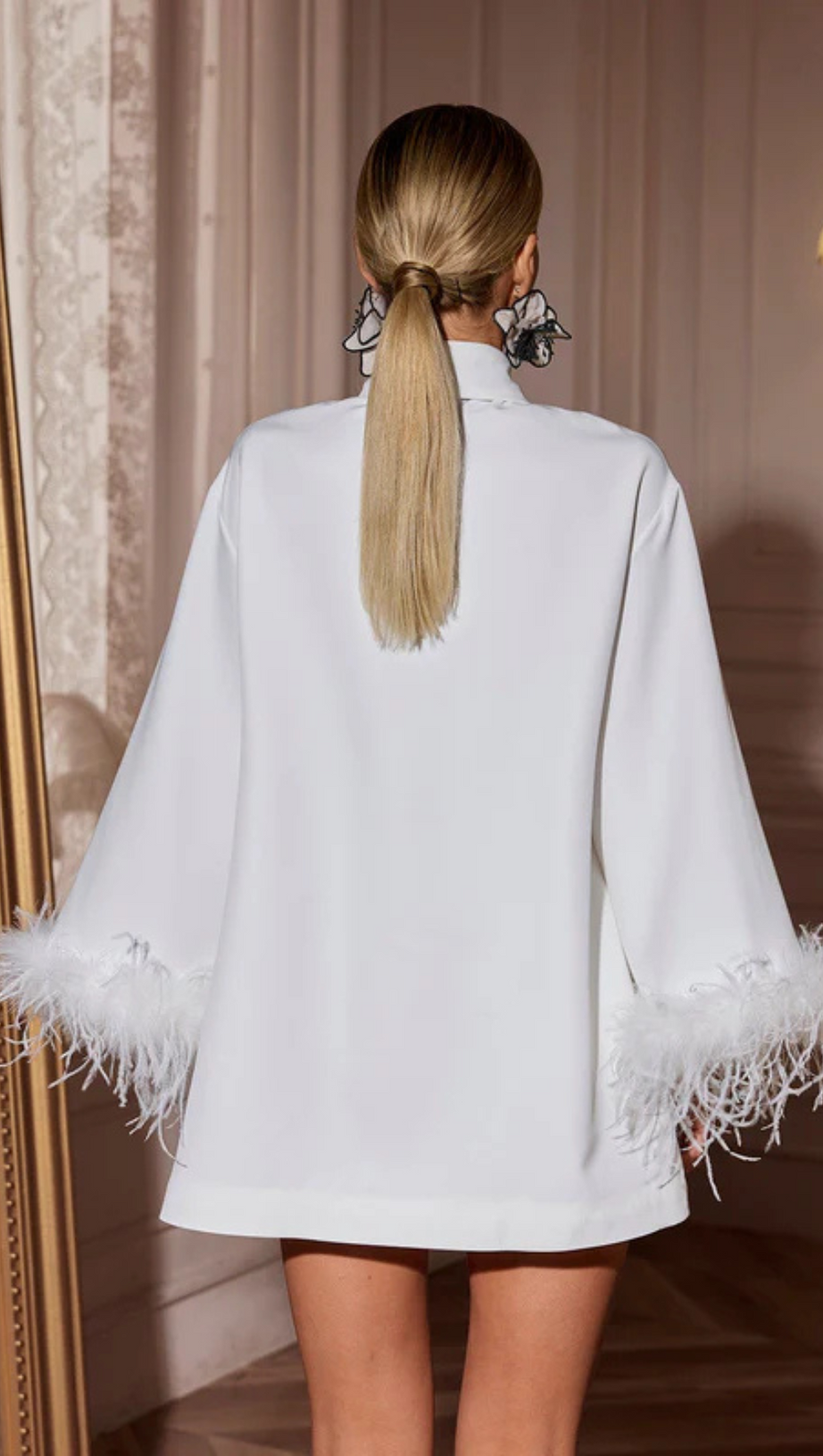 FINIA FEATHER-TRIMMED MINI SHIRT DRESS WITH TIE