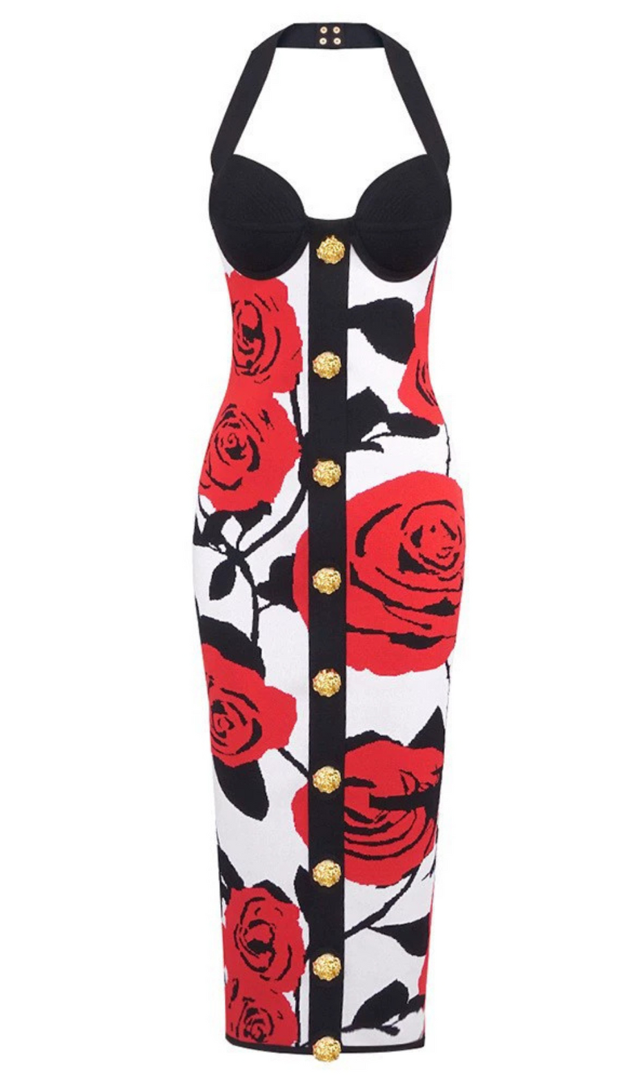 ABITO MIDI CON STAMPA ROSE E SCOLLO ALTO MULTICOLORE