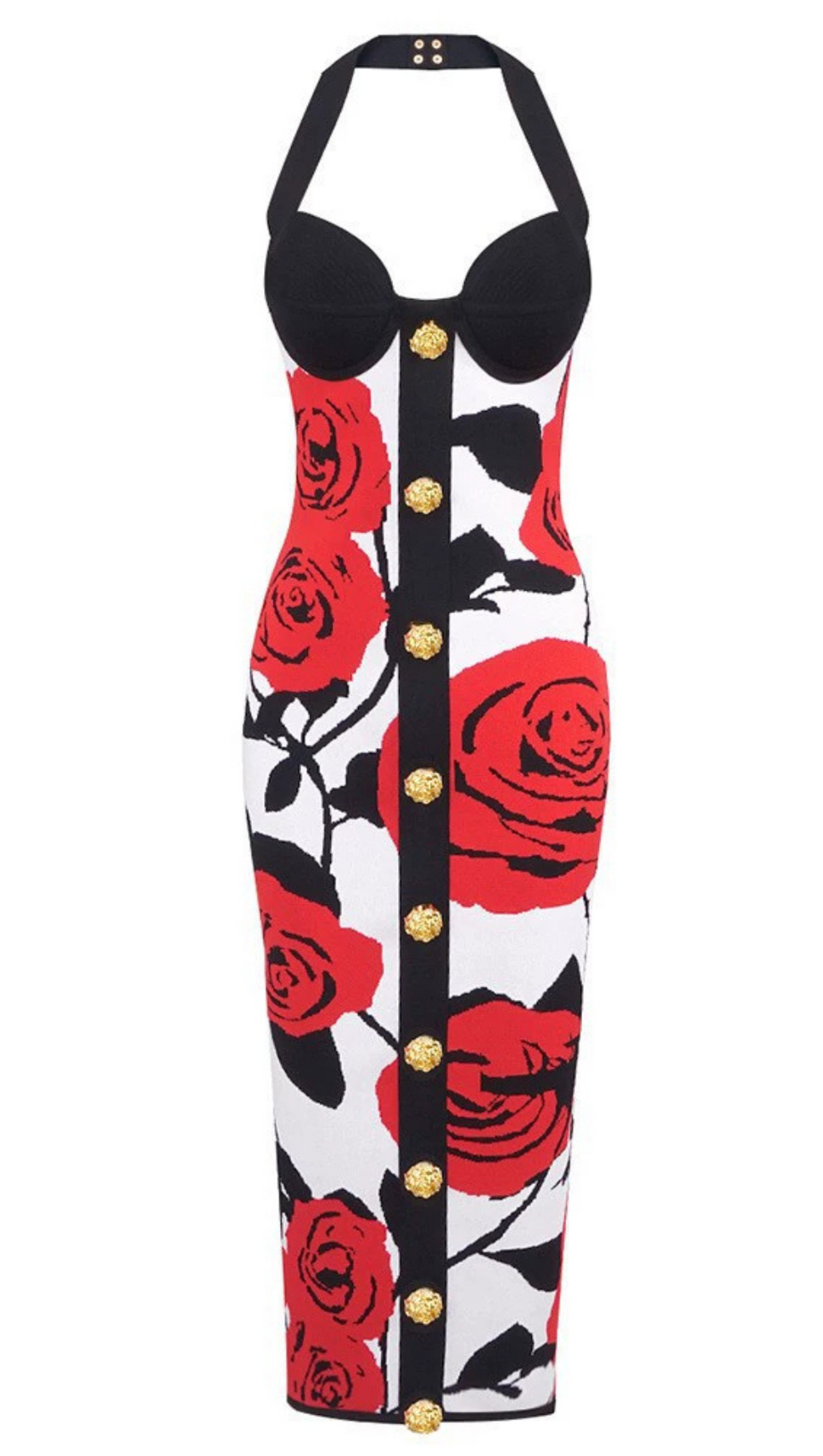 MULTICOLOR HALTERNECK ROSE PRINT MIDI DRESS