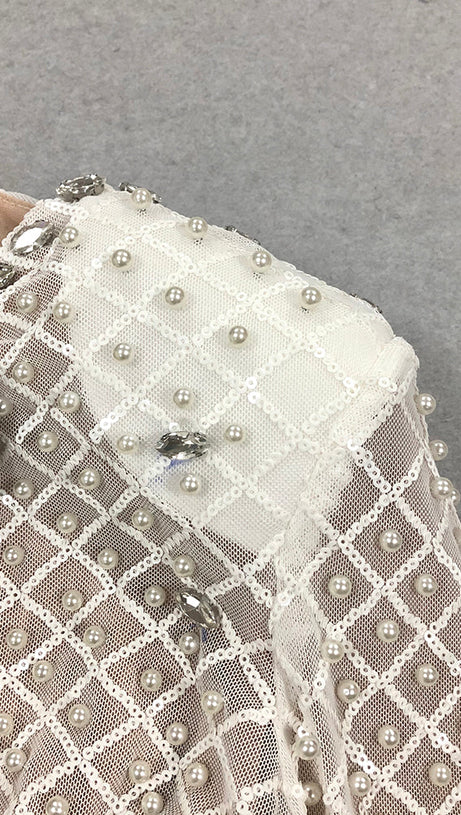 PEARL EMBELLISHED CUT OUT MINI DRESS IN BEIGE