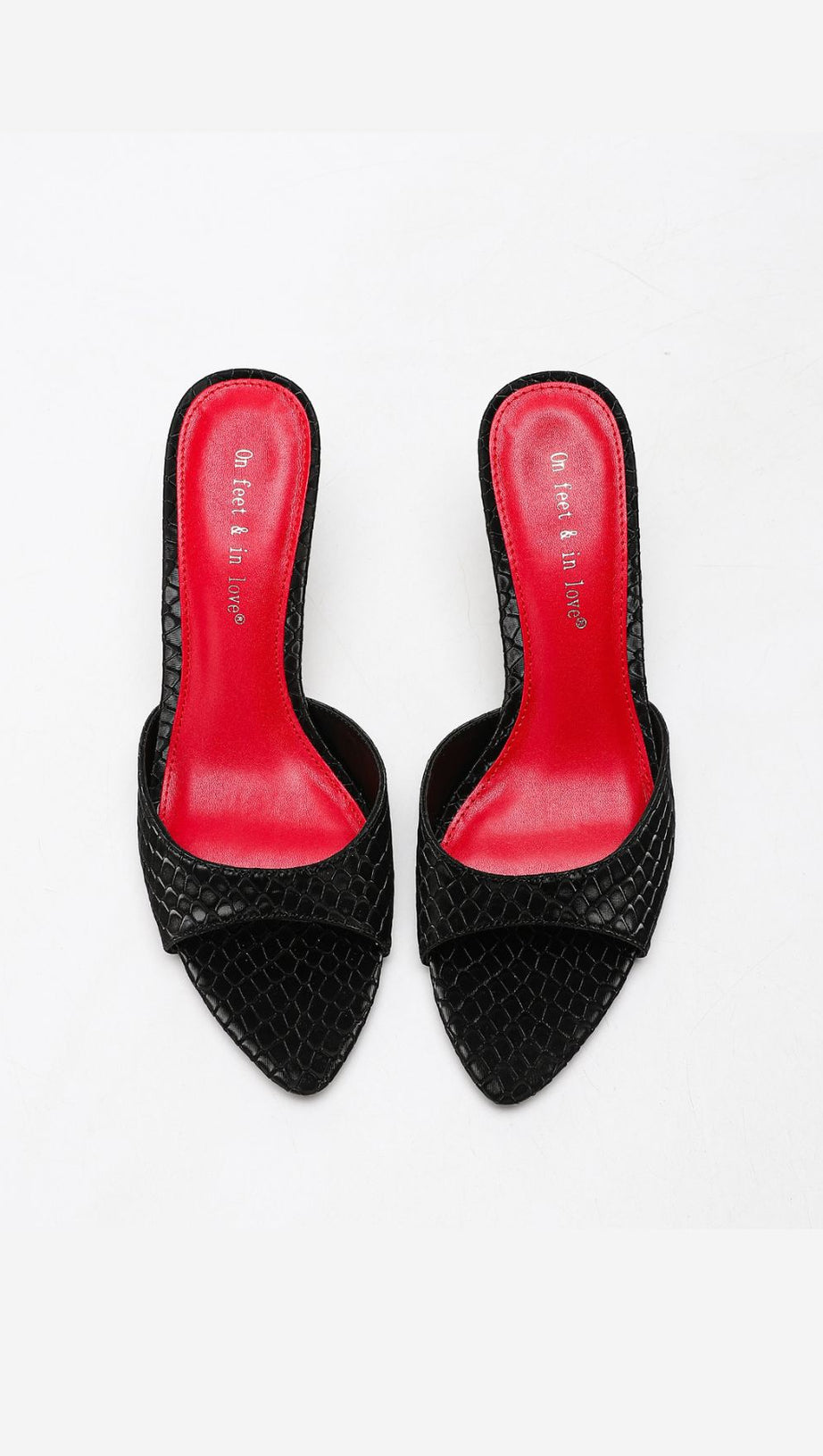 HOOPER BLACK CROC-EMBOSSED POINTED TOE MULES | STILETTO HEELS WITH RED INSOLE