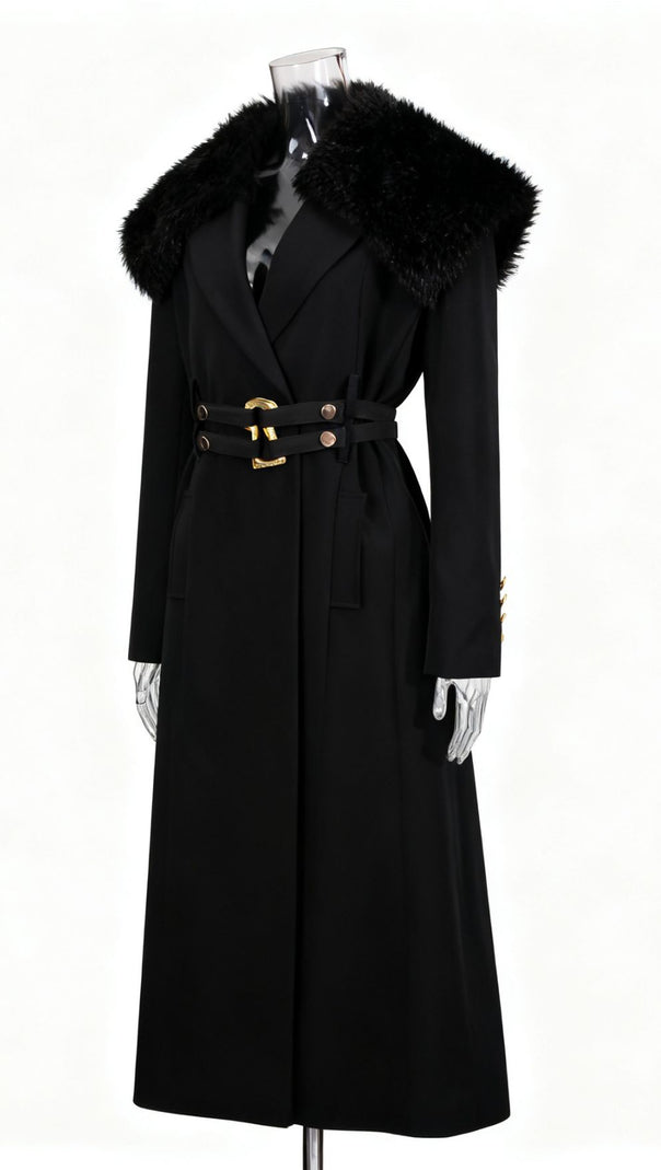 AIIZIE Ismail Luxe Black Fur Collar Coat: Elegant Winter Warmth with Gold Belt Detail - product image