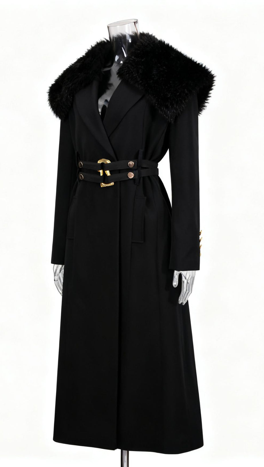 Ismail Luxe Black Fur Collar Coat: Elegant Winter Warmth with Gold Belt Detail