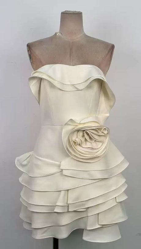 Poppy Neutral Off Shoulder Mini Dress with 3D Florals