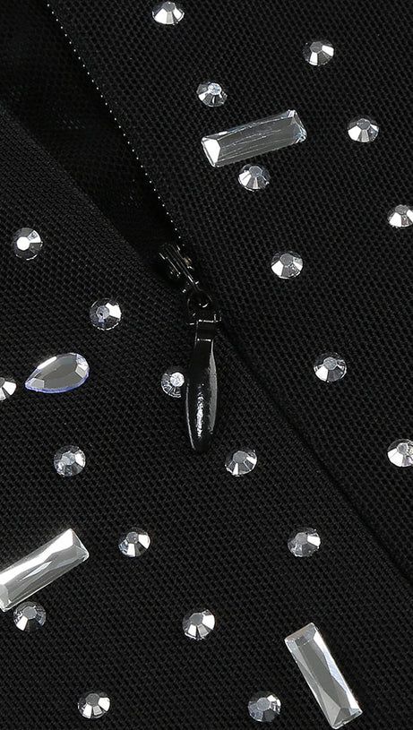 CRYSTAL EMBELLISHED MESH MIDI DRESS IN BLACK