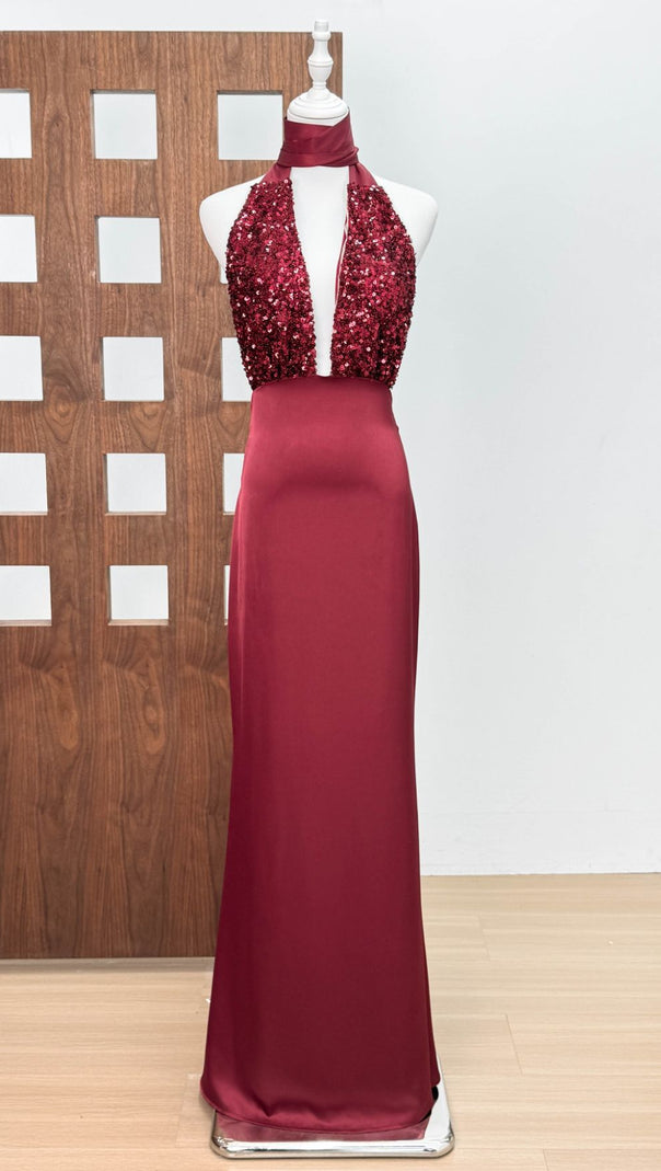 AIIZIE Joffrey Scarlet Sequin Halter Maxi Gown - Glamorous Evening Dress for Women - product image