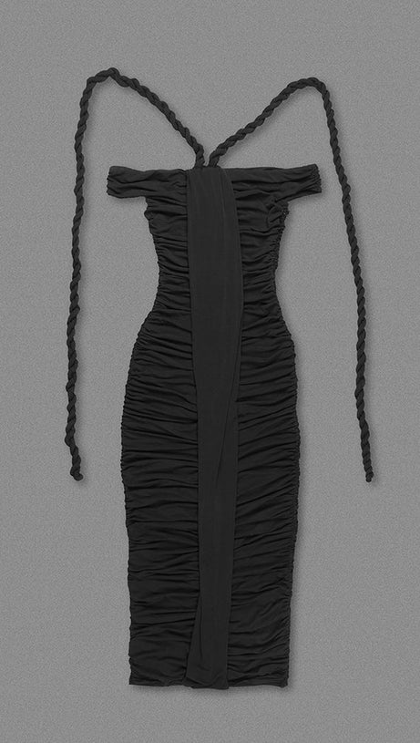 CARA BLACK OFF-SHOULDER RUCHED BODYCON MAXI DRESS WITH ROPE EMBELLISHED