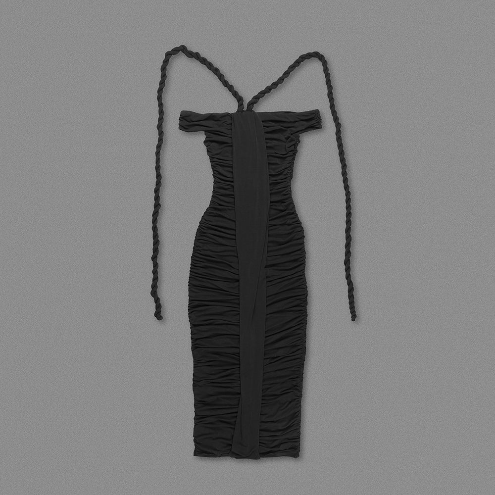 AIIZIE CARA BLACK OFF-SHOULDER RUCHED BODYCON MAXI DRESS WITH ROPE EMBELLISHED - product image