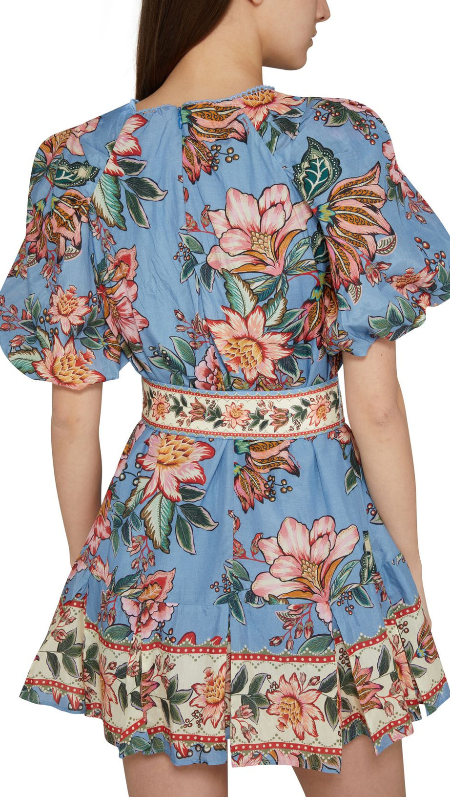 AMELIA BOUQUET PRINT MINI DRESS IN BLUE