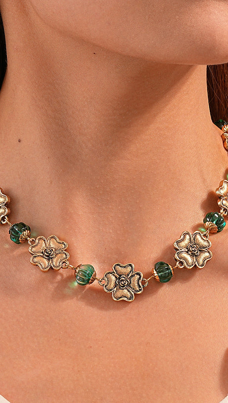 Jacoby Vintage Floral & Teal Beaded Choker Necklace for Women