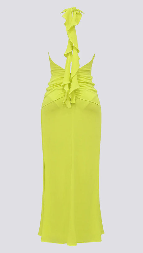 MAÉVA HALTER NECK SLIT PLUNGE NECK MAXI DRESS IN GREEN