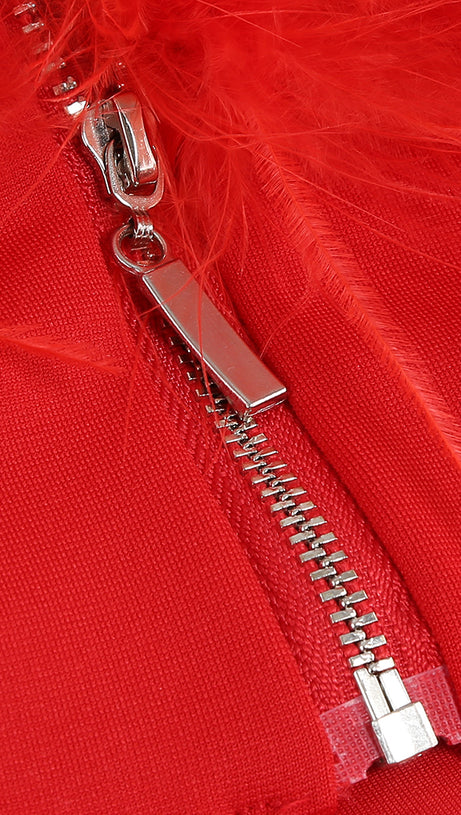 OFF-SHOULDER FEATHER PANEL RED DRESS