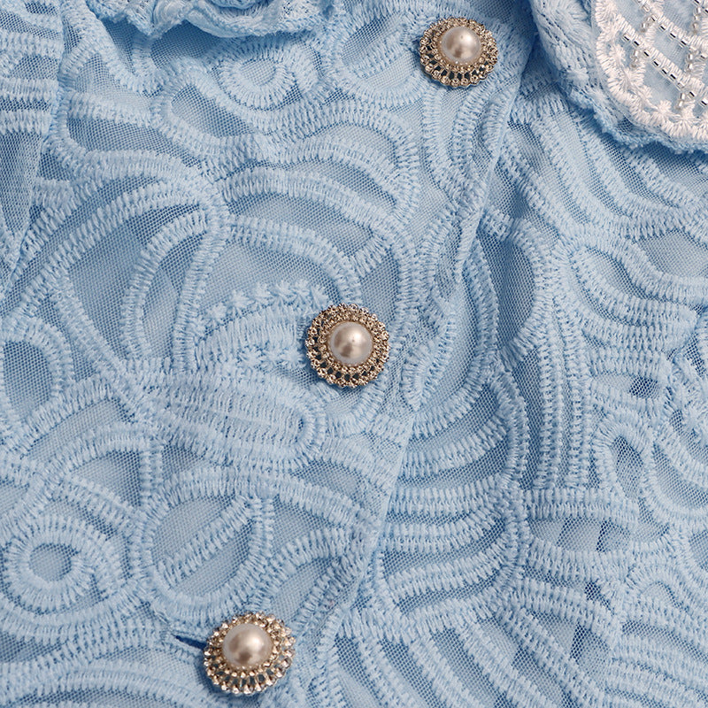 ILONA BLUE ELEGANT FLORAL LACE PEPLUM TWO-PIECE SKIRT SET