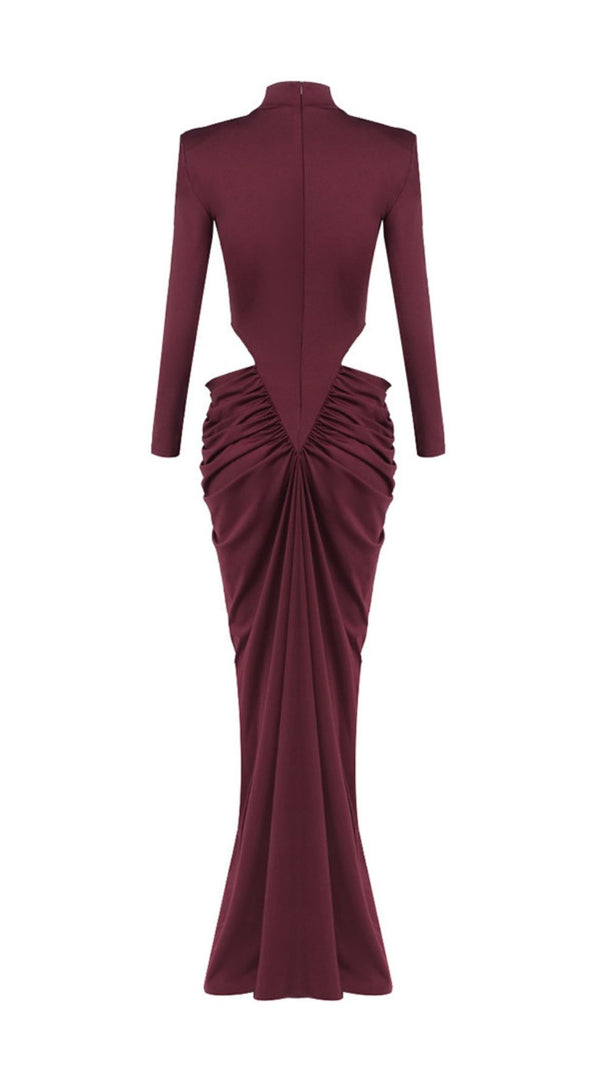AIIZIE Jera Wine Elegant Cutout Ruched Maxi Dress - Long Sleeve Evening Gown - product image