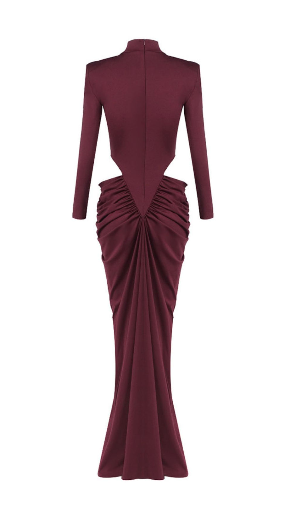 Jera Wine Elegant Cutout Ruched Maxi Dress - Long Sleeve Evening Gown