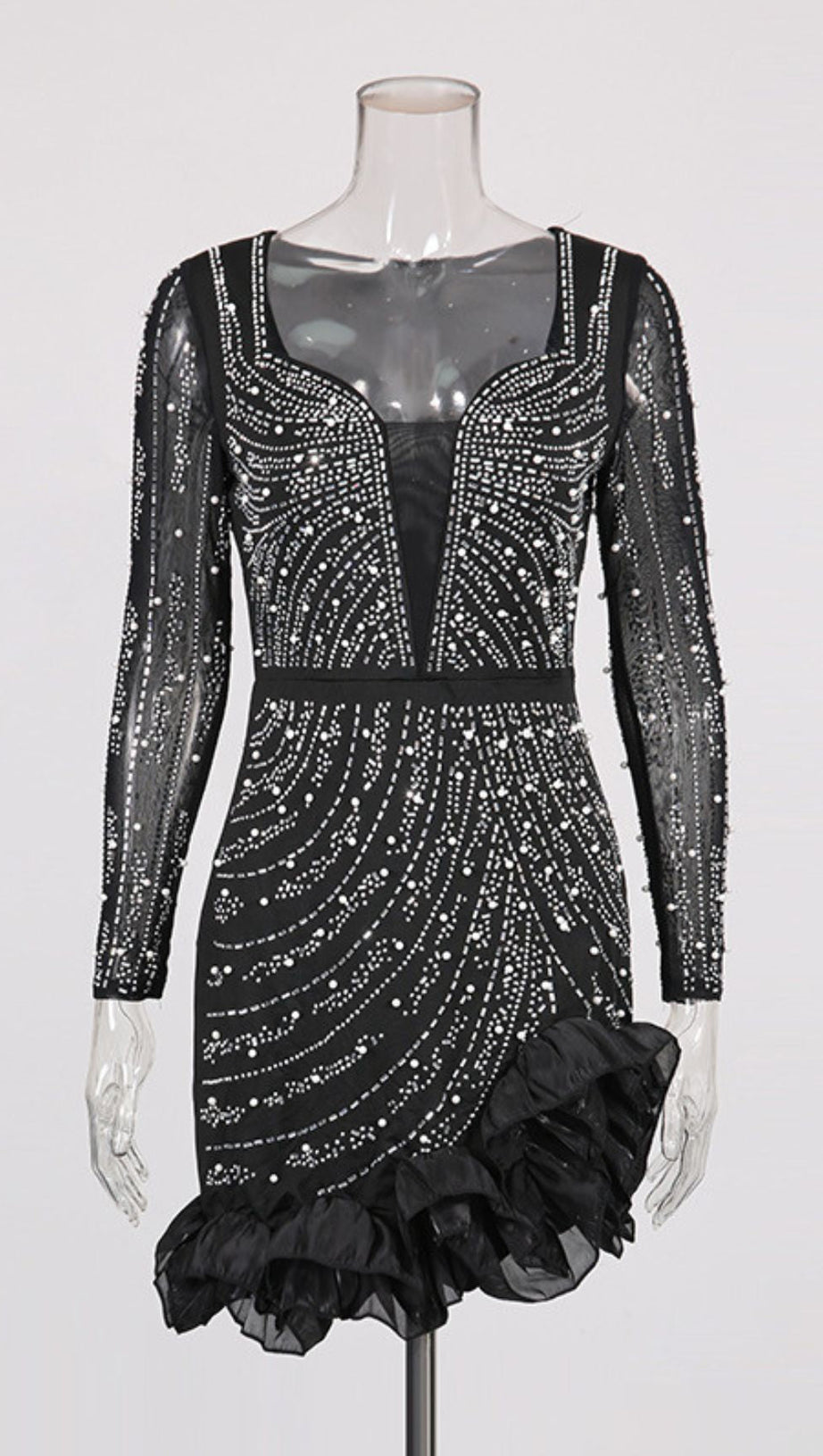 HAWKEYE DAZZLING BLACK CRYSTAL & PEARL BEADED LONG SLEEVE MINI DRESS