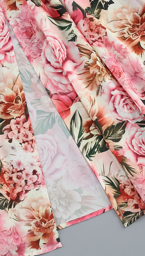 Rosa bedrucktes Midikleid mit offenem Rückenschlitz und ausgehöhlter Vorderseite