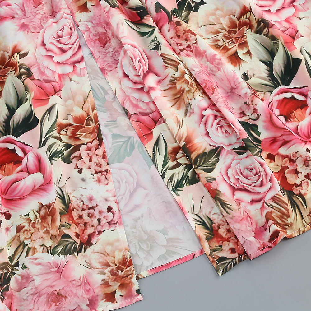 Rosa bedrucktes Midikleid mit offenem Rückenschlitz und ausgehöhlter Vorderseite