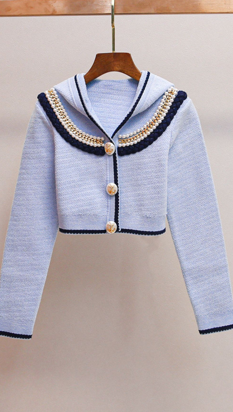 HUMANA BLUE BEADED CARDIGAN | CHIC NAUTICAL KNIT WITH PEARL & ANCHOR DETAILS