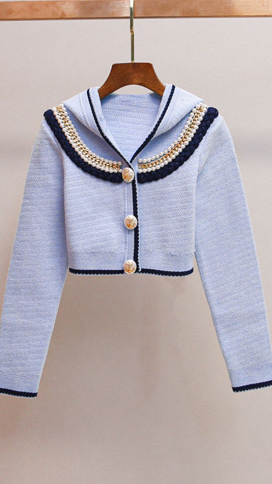 AIIZIE HUMANA BLUE BEADED CARDIGAN | CHIC NAUTICAL KNIT WITH PEARL & ANCHOR DETAILS - product image