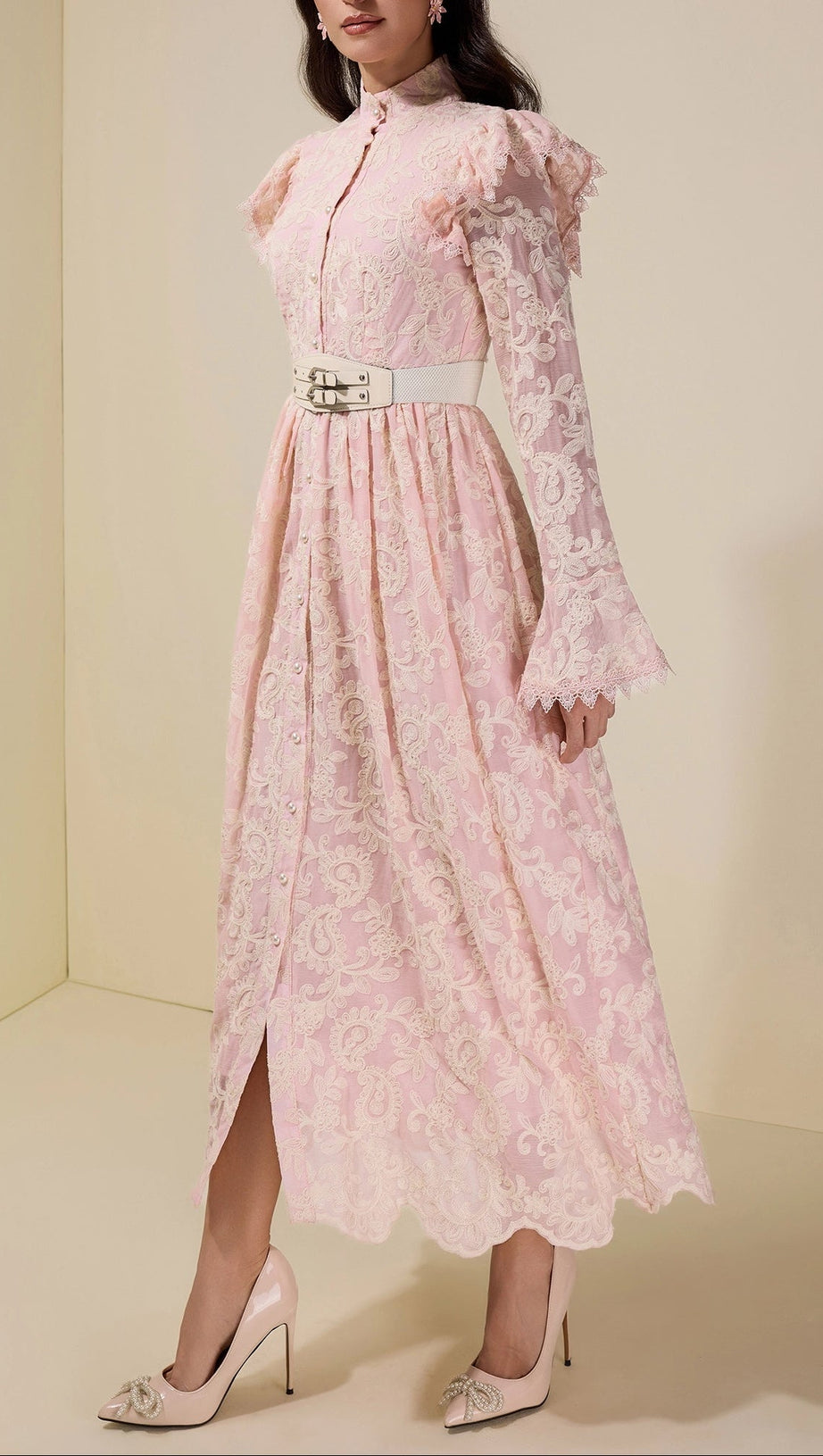 alma Chiffon Embroidered Single Breasted Midi Dress With Belt - pink