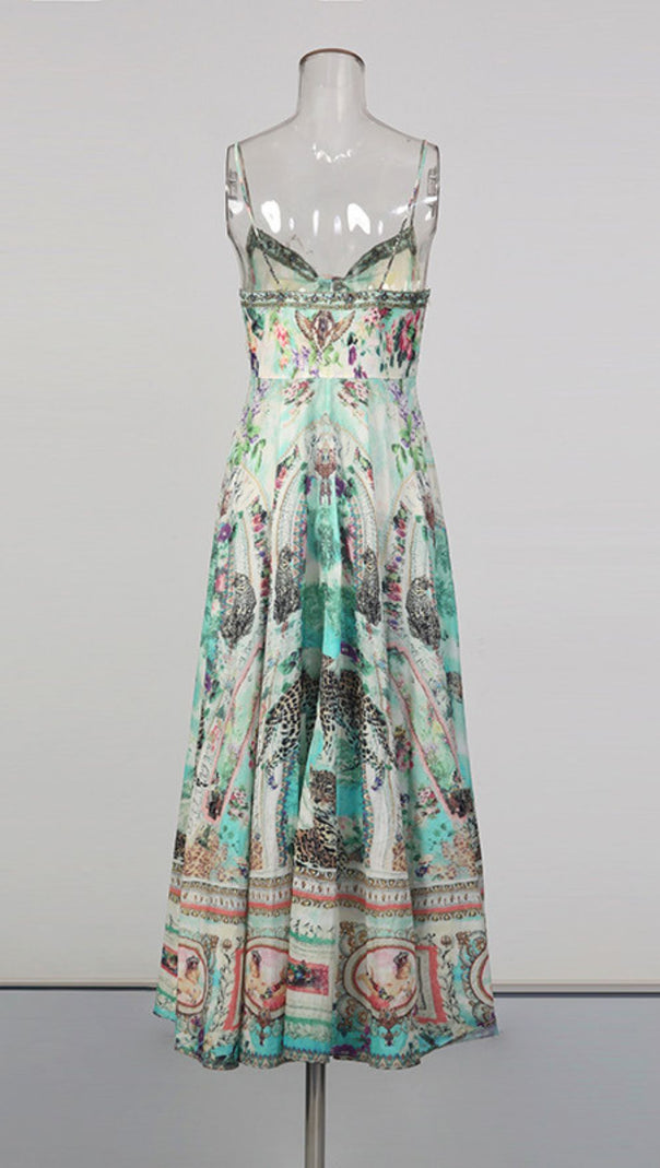 AIIZIE Juda Bohemian Print Flowy Maxi Dress - Strappy Green Elegance - product image